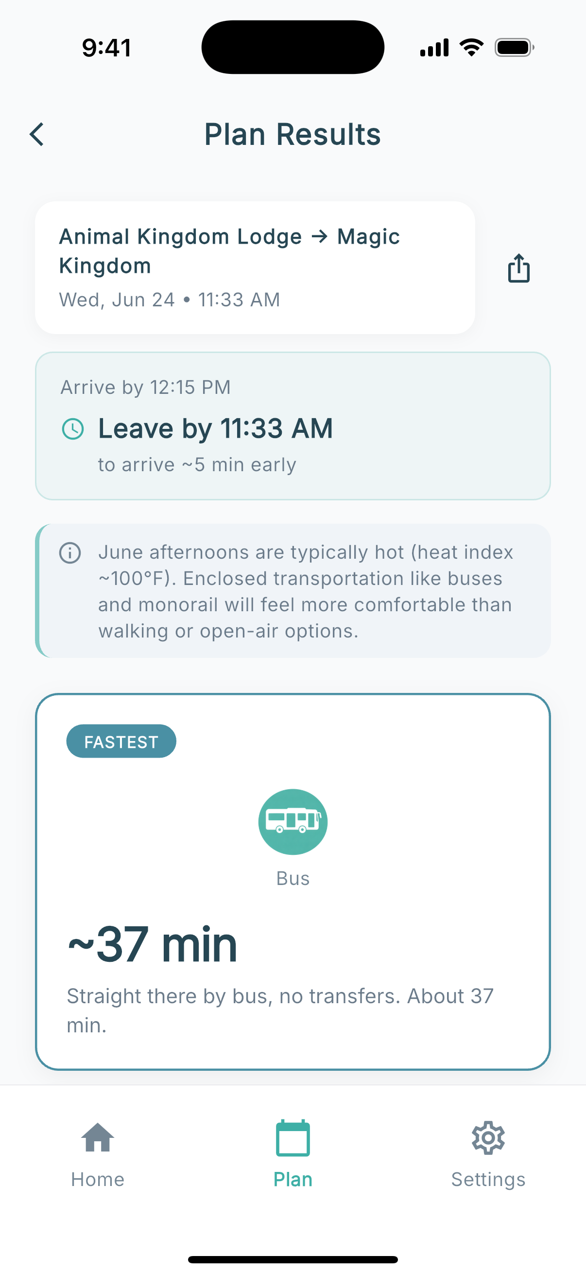 Theme Park Compass Plan Results in Arrive-by mode for Animal Kingdom Lodge to Magic Kingdom: arriving by 12:15 PM computes Leave by 11:33 AM to arrive about 5 minutes early, with a June heat advisory recommending enclosed transportation and the direct bus marked fastest at about 37 minutes