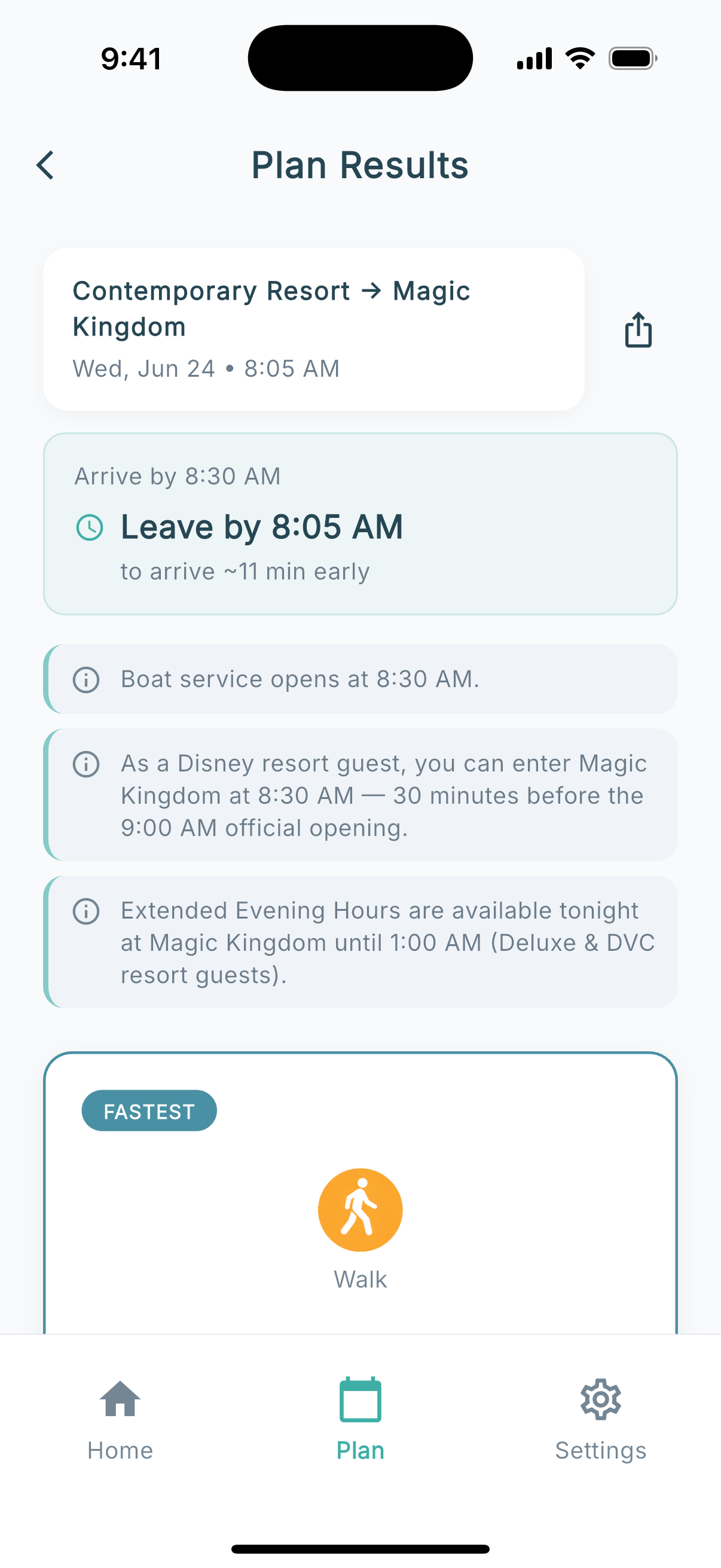 Theme Park Compass rope-drop plan for Contemporary Resort to Magic Kingdom: arriving by the 8:30 AM Early Theme Park Entry computes Leave by 8:05 AM, with a notice that Disney resort guests enter at 8:30 — 30 minutes before the 9:00 official opening — and walking marked the fastest option