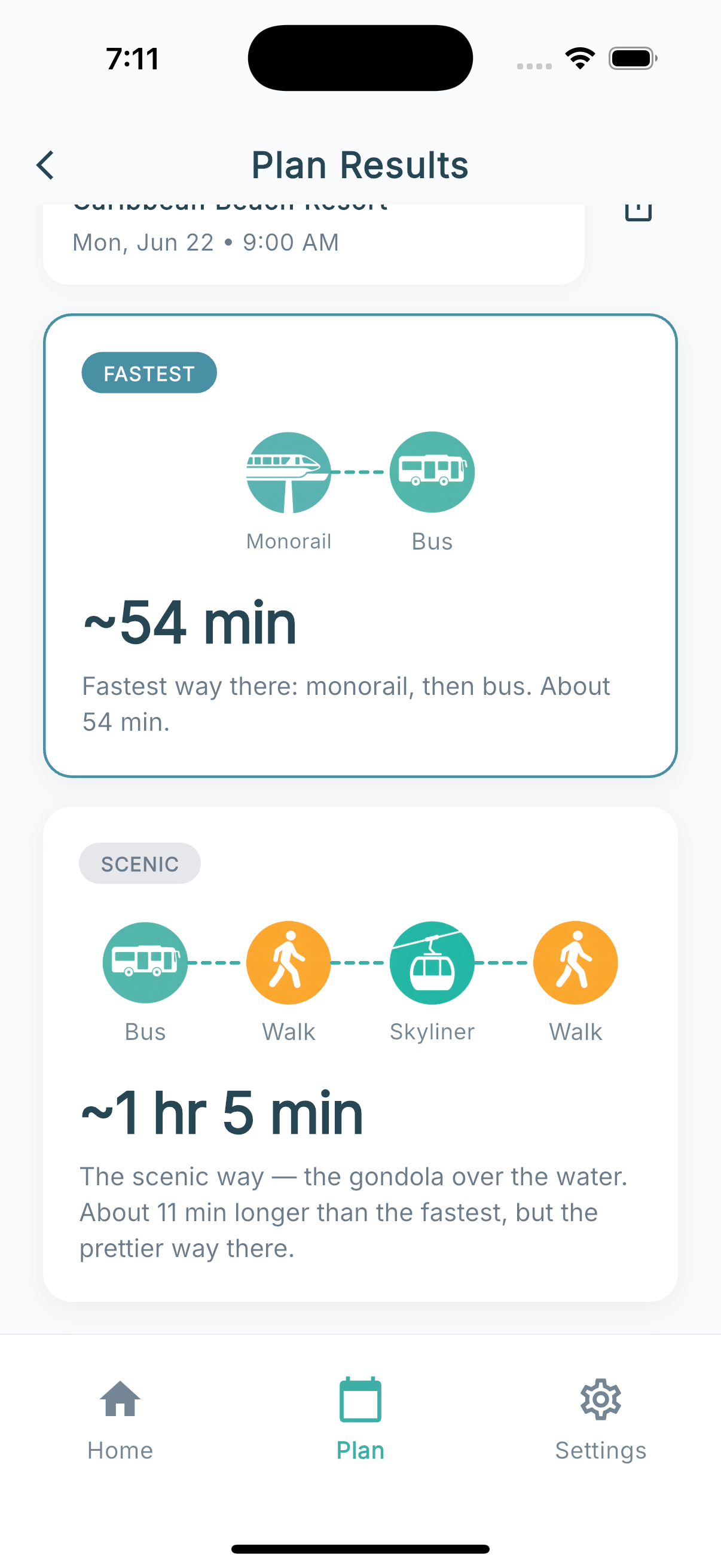 Theme Park Compass Plan Results comparing two routes to Caribbean Beach Resort: the fastest at about 54 minutes by monorail then bus, and a Scenic-badged option about 11 minutes longer that takes the Skyliner gondola over the water