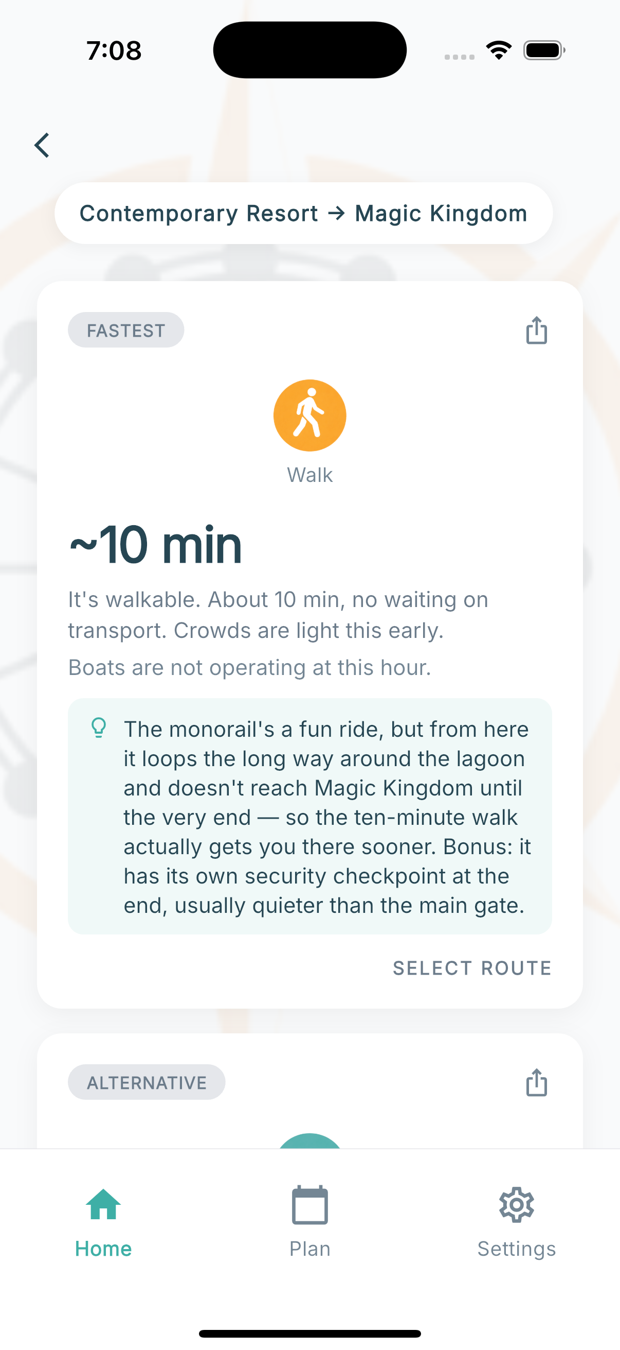Theme Park Compass route results for Contemporary Resort to Magic Kingdom: Walk is marked the fastest option at about 10 minutes with no waiting on transport, and a tip explains the monorail loops the long way around the lagoon