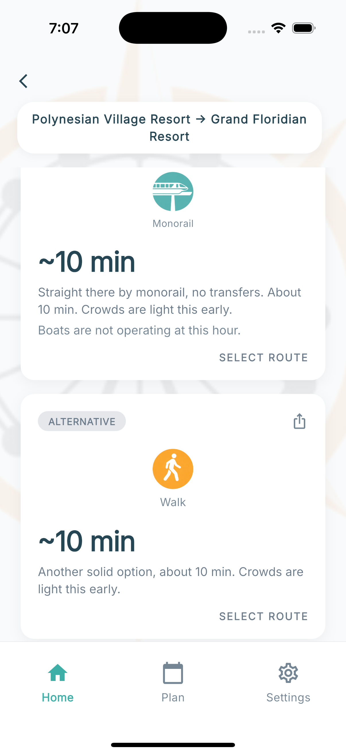 Theme Park Compass route results for Polynesian Village Resort to Grand Floridian Resort: the monorail at about 10 minutes and the walking path at about 10 minutes, shown as tied options